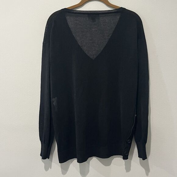J.CREW Sweater Womens Medium Black Sheer Linen Blend V-Neck Side Buttons Preppy - Picture 2 of 8